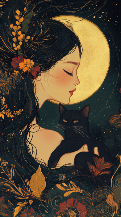 Beauty and a black cat under the moonlight