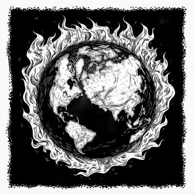 Black and White Earth Illustration with Flames