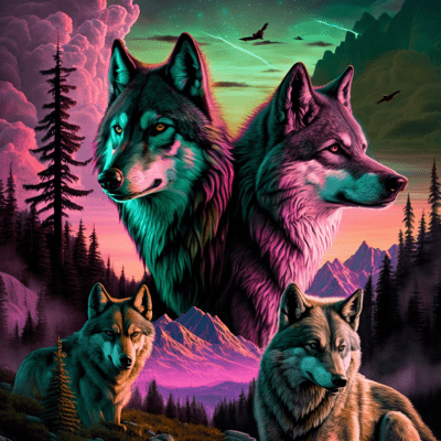 Wolves Family Under Aurora Borealis