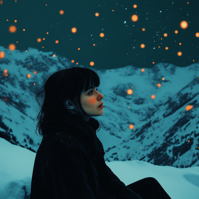 Girl in Snowy Mountain at Night