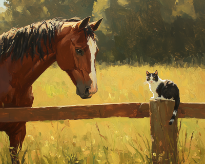 Brown Horse and Black White Cat