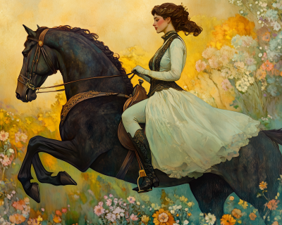 Elegant Woman Riding Black Horse