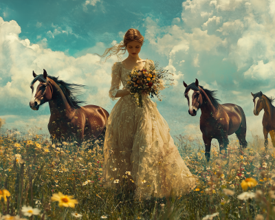 Woman Walking in Field with Horses