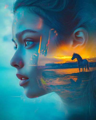 Daydreaming Woman with Horses Double Exposure