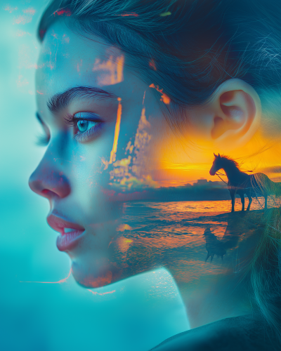 Double Exposure of Suntanned Woman Daydreaming about Horses by the Sea