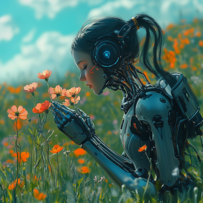 Robotic Cyborg Girl Picking Flowers