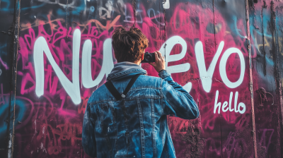 Young man holding a ‘New’ sign in front of a purple wall