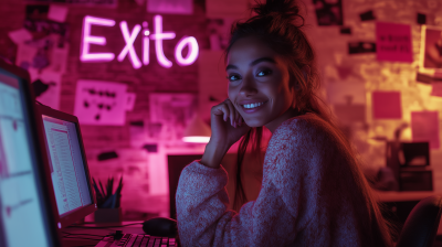 Happy young woman holding a computer in front of a purple wall