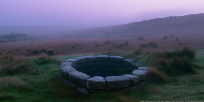 Abandoned Well in Foggy Moors at Twilight