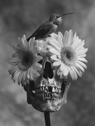 Skull with Gerbera Daisies and Hummingbird