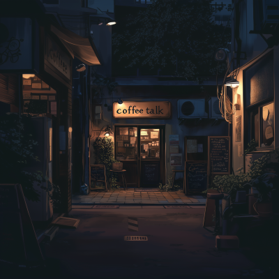 Cozy Coffee Shop Entrance at Night