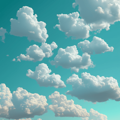 Puffy Rare Scattered Clouds on Turquoise Background