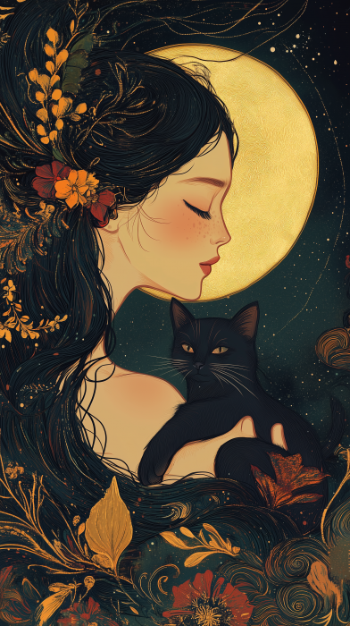 Beauty and Black Cat in Moonlight