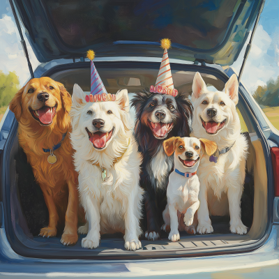 Dogs Celebrating in Car Trunk