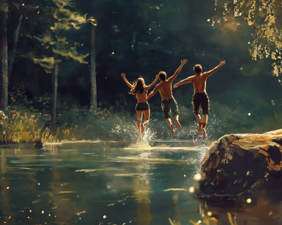 Friends Diving into Forest Lake