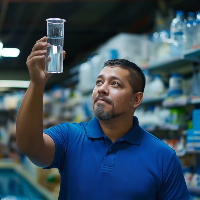 Employee showcasing water in beaker at pool supply store