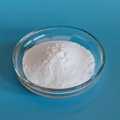 White Microsphere in Glass Dish on Blue Background