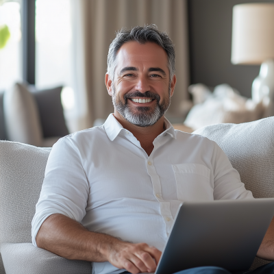 Middle Aged Investor Working on Laptop