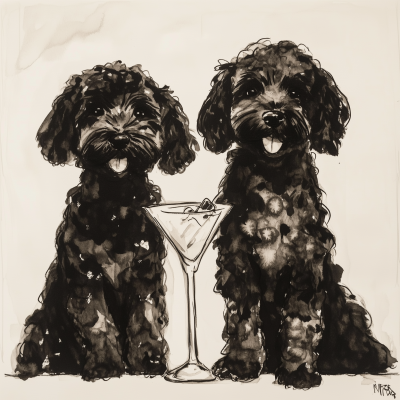 Vintage Minimalist Ink Painting of Black Mini Goldendoodles with Martini