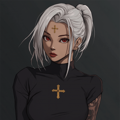 White Haired Woman with Red Eyes and Gold Cross Tattoo