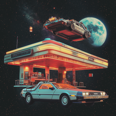 Retro Futuristic Neon Gas Station Collage