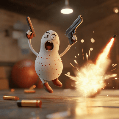 Animated Bowling Pin Character with Gun and Explosions