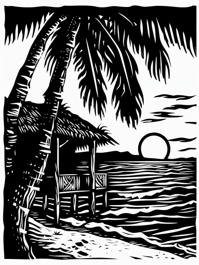 Woodcut Tiki Bar on Beach