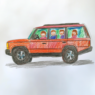 Child’s Drawing of a Range Rover with Happy Family