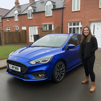 Woman posing next to blue car in Manchester