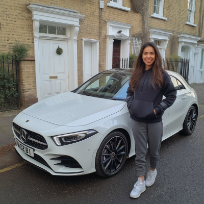 Woman by a White Car