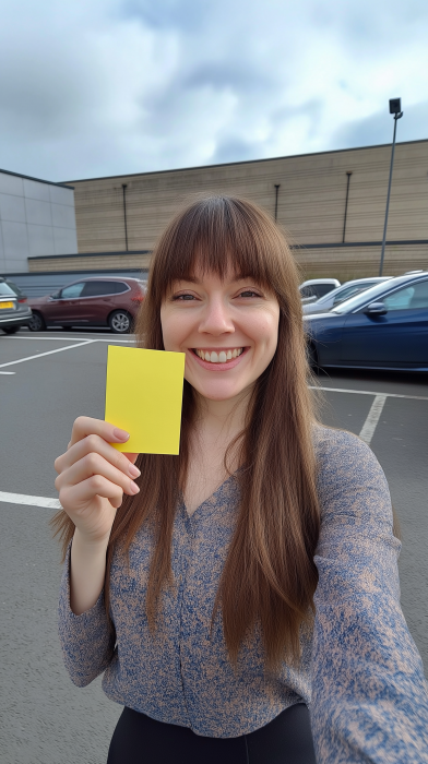 Smiling Woman Holding Yellow Sticky Note