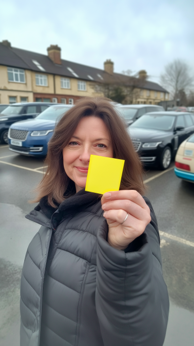 Cheerful woman with yellow sticky note