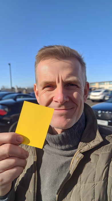 Middle Aged Man Holding Sticky Note in Parking Lot