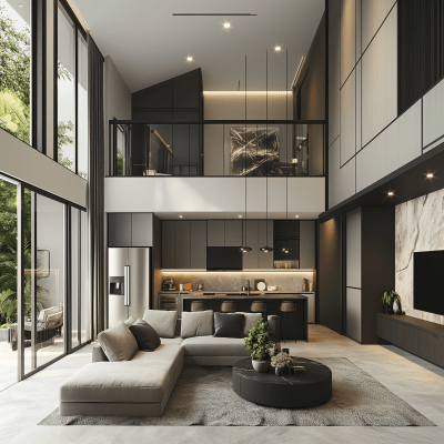 Modern High Ceiling Living Room with Open Kitchen