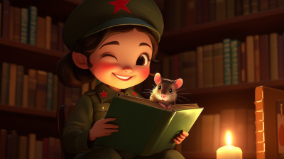 Communist Chibi Girl Reading in Dimly Lit Library