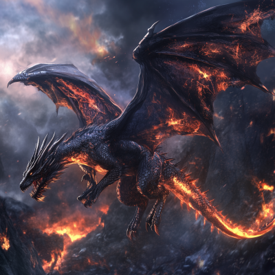 Black Fantasy Fire Dragon Flying