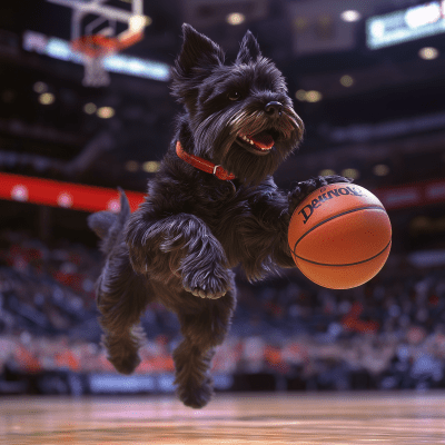 Black Scottish Terrier Playing Basketball in a Stadium