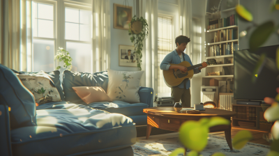 Cozy Living Room with Man Playing Guitar