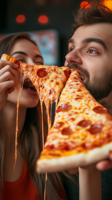 Overweight Couple Eating Cheese Pizza