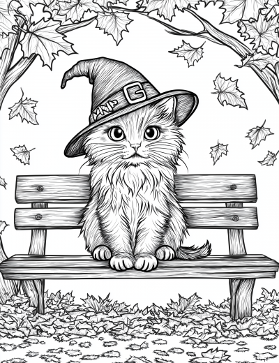 Kawaii Black Kitten with Witch Hat in Autumn Park Coloring Page