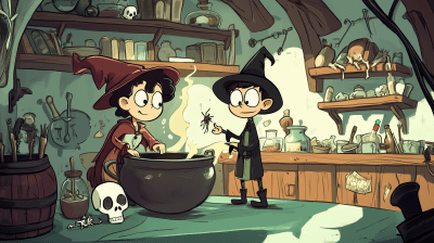 Witch and Wizard Mixing Ingredients in a Cauldron