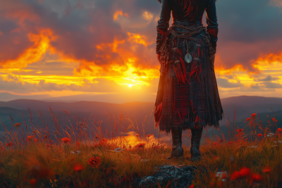 Scottish Highlander in Tartan Kilts at the Sea