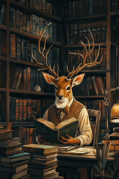 Anthropomorphic Deer Librarian in Library