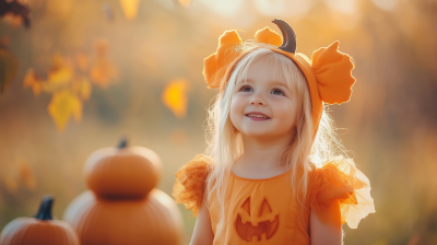 Cheerful Little Blonde Girl in Pumpkin Costume