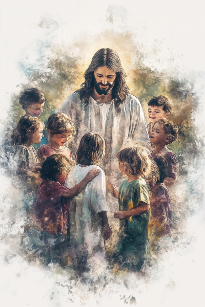 Jesus Christ and Children Watercolor Painting