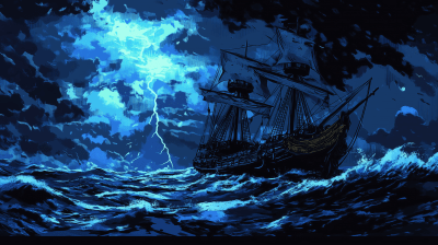 Dark Night Pirate Ship in Stormy Ocean