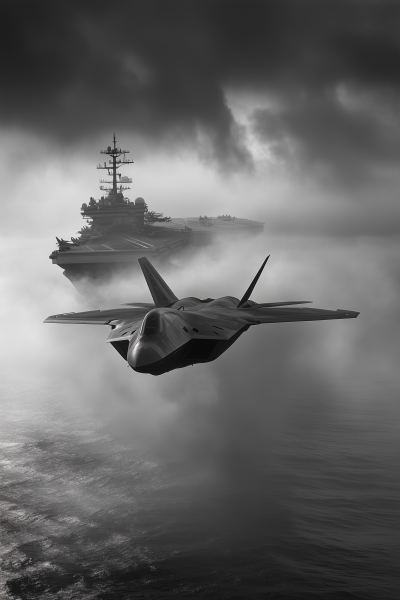 Grayscale F22 Raptor Flying Away