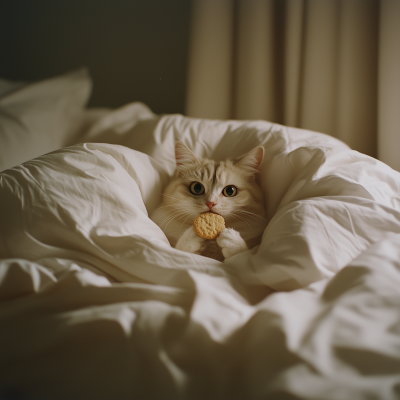 Cat enjoying a cozy cookie in bed