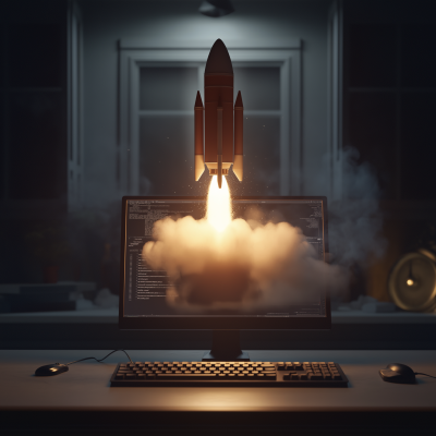 Computer and Rocket on Table