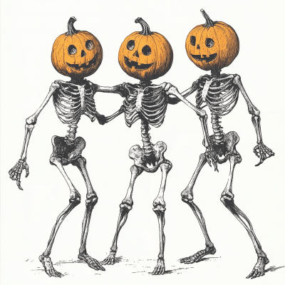 Vintage Skeleton Trio with Pumpkin Heads